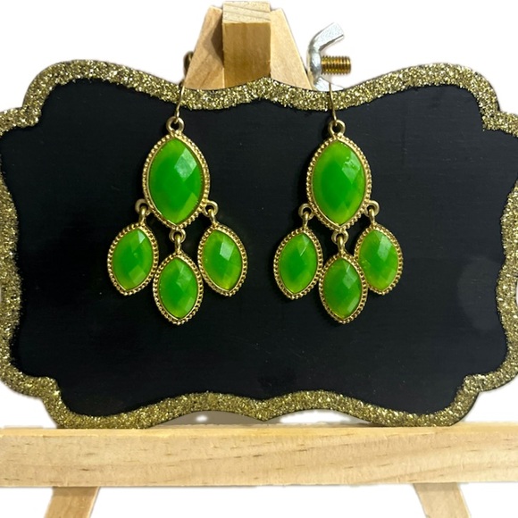 Green Gem Marquise Chandelier 14k Gold Plated Statement Dangle Earrings - Picture 2 of 5